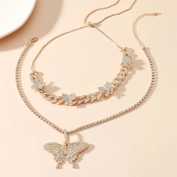 2 Piece Boho Womens Rhinestone Butterfly Charm Necklace - Picture 2 of 4